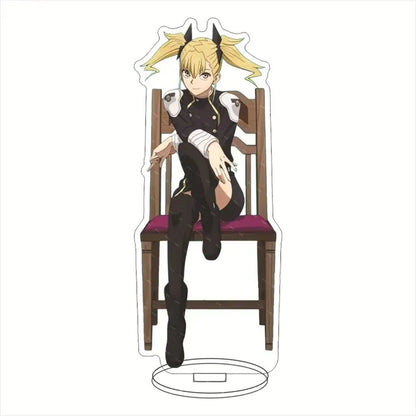 Black and white hibino kafka acrylic stand with blonde pigtails sitting on wooden chair 15cm desktop display