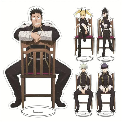 Black and white hibino kafka acrylic stand sitting on wooden chair with purple cushion 15cm desktop display