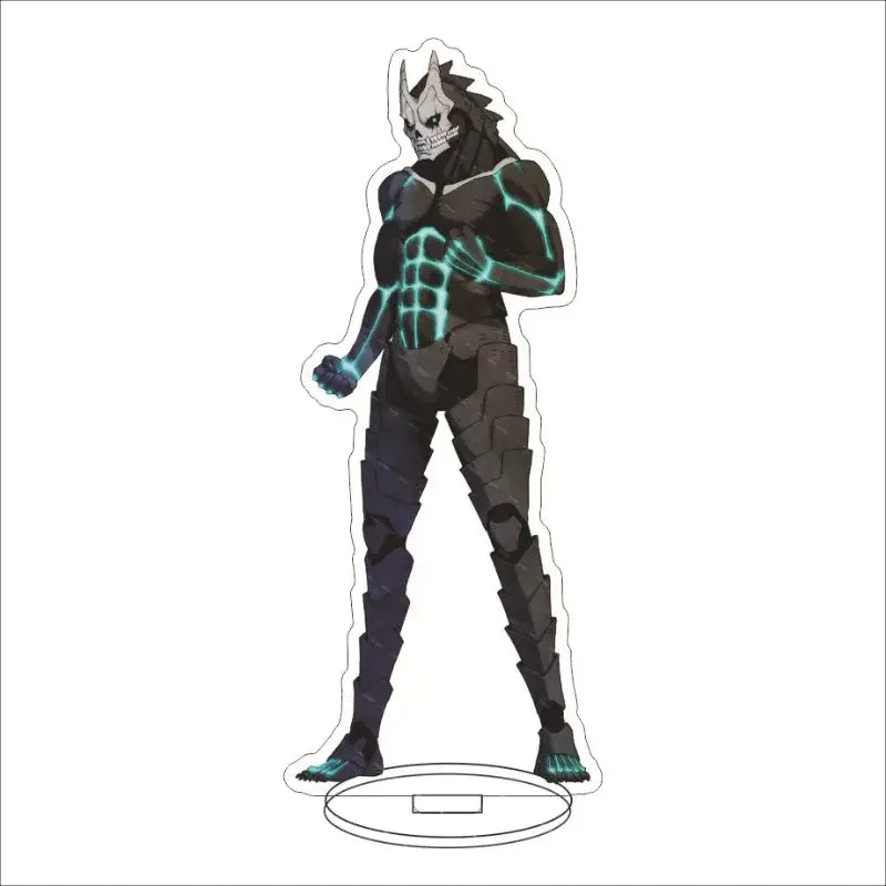 Kaiju no 8 hibino kafka acrylic stand featuring a black and teal glowing anime character with skull mask and segmented armor