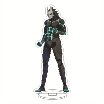 Kaiju no 8 hibino kafka acrylic stand featuring a black and teal glowing anime character with skull mask and segmented armor