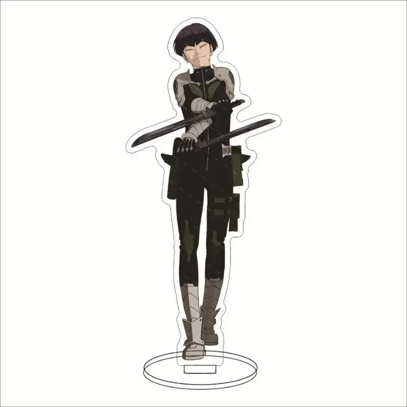 Black and gray hibino kafka acrylic stand featuring a tactical gear figure holding two swords for desk decor