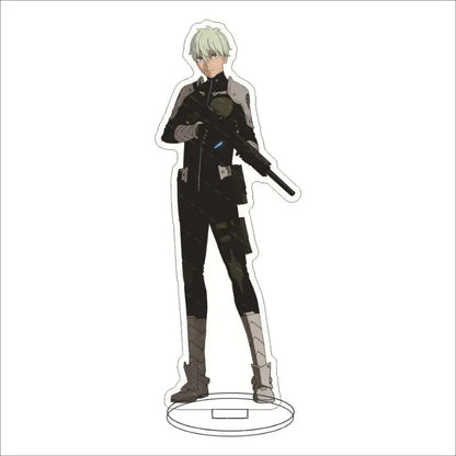 Clear acrylic stand featuring hibino kafka with silver hair in black tactical outfit holding rifle for desk decor