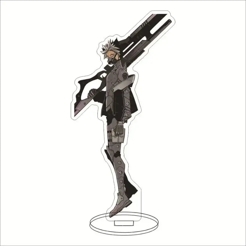 Silver and black hibino kafka acrylic stand featuring anime character in tactical gear holding large rifle for desk decor