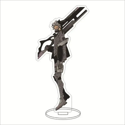 Silver and black hibino kafka acrylic stand featuring anime character in tactical gear holding large rifle for desk decor