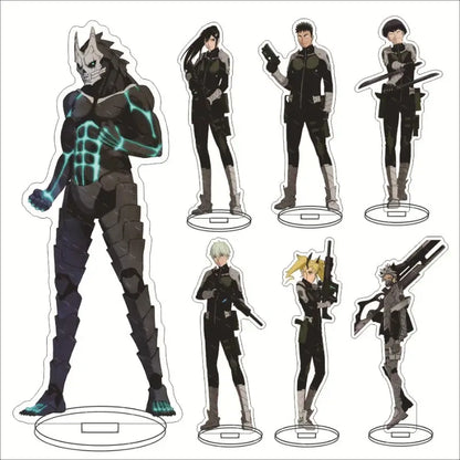 Black and teal hibino kafka acrylic stand with glowing blue circuit patterns for desk decor from kaiju no 8