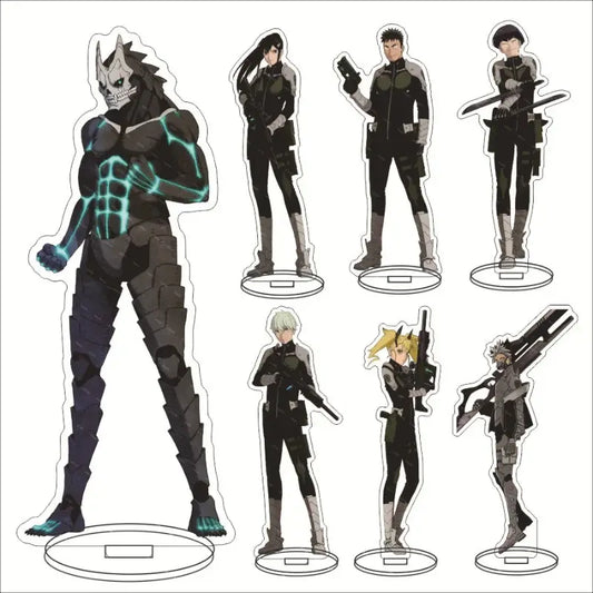 Black and teal hibino kafka acrylic stand with glowing blue circuit patterns for desk decor from kaiju no 8