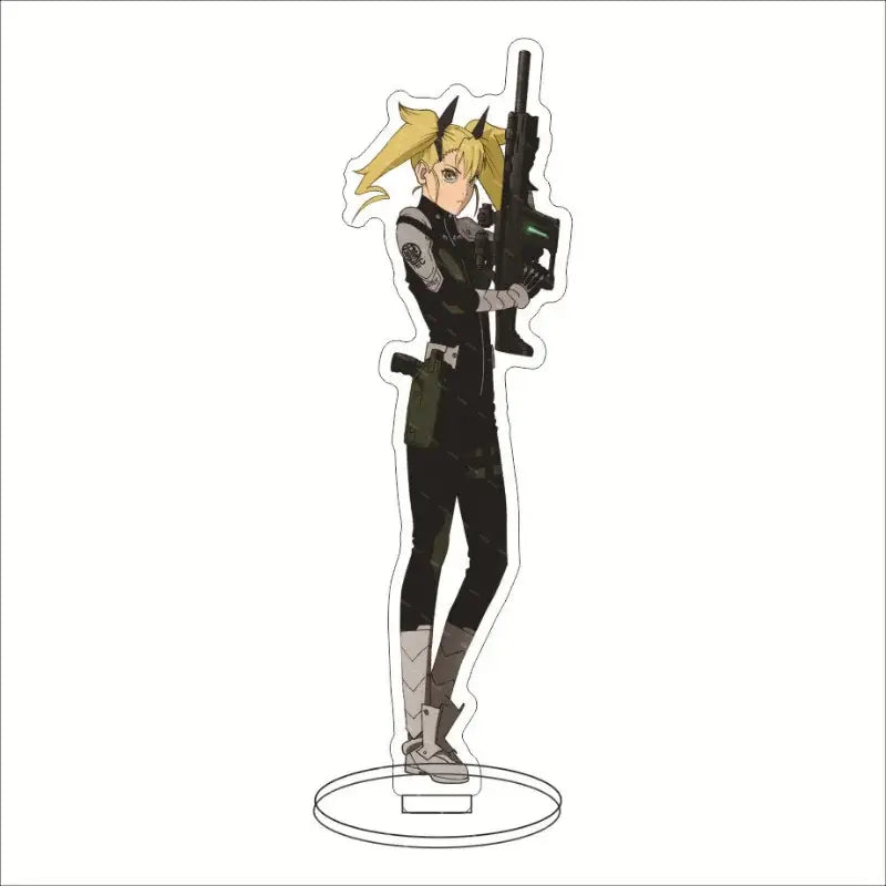Clear acrylic stand featuring hibino kafka in blonde pigtails black tactical outfit holding rifle kaiju no 8 desk decor