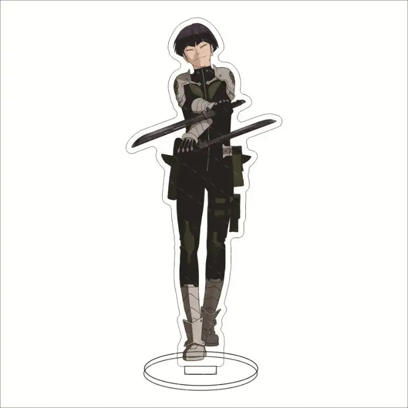Clear acrylic stand featuring hibino kafka in dark green tactical outfit with crossed swords from kaiju no 8 desk decor