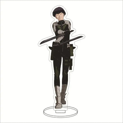 Clear acrylic stand featuring hibino kafka in dark green tactical outfit with crossed swords from kaiju no 8 desk decor