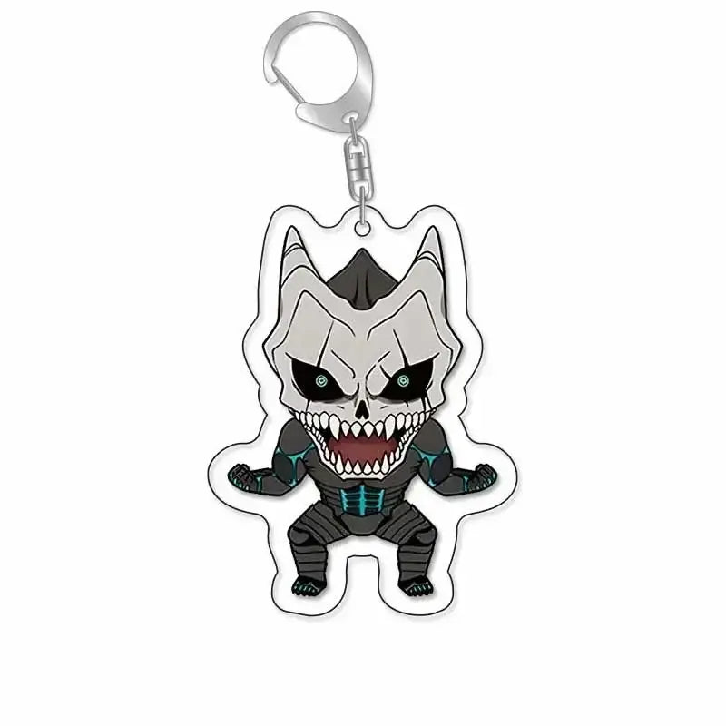 A chibi-style hibino reno acrylic keychain featuring a skeletal character with glowing green eyes and teal armor