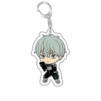 Silver acrylic hibino reno keychain featuring chibi character with light green hair in black tactical gear for bag tag