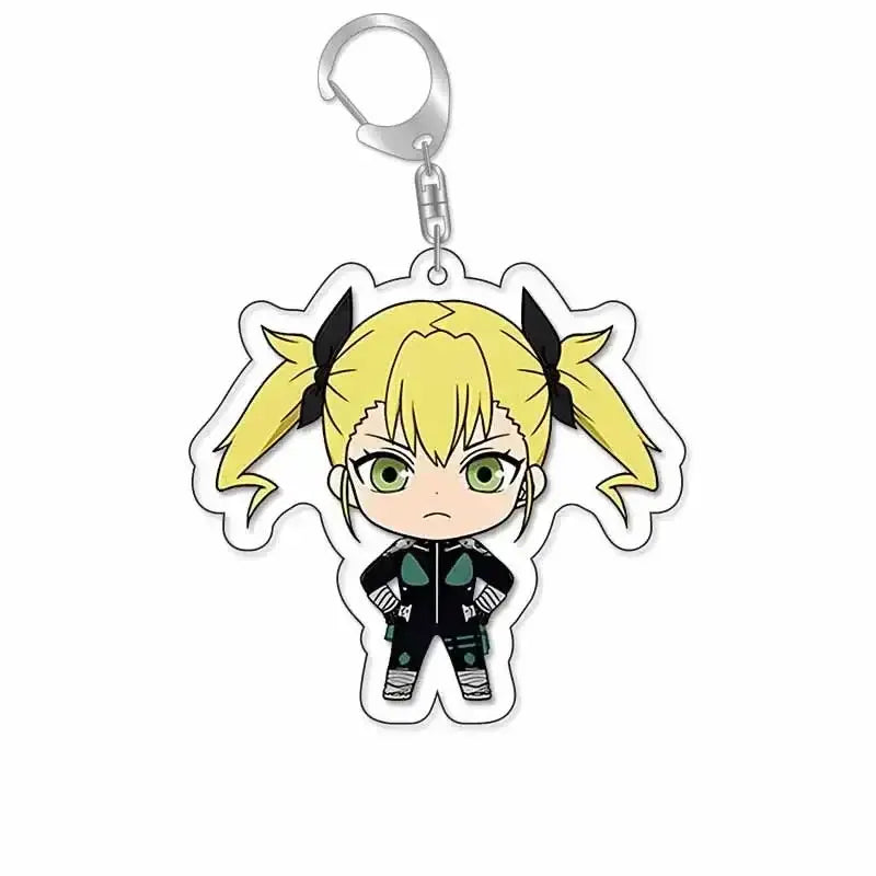 Translucent hibino reno acrylic keychain featuring chibi blonde pigtails character in black and teal outfit for plastic bag tag