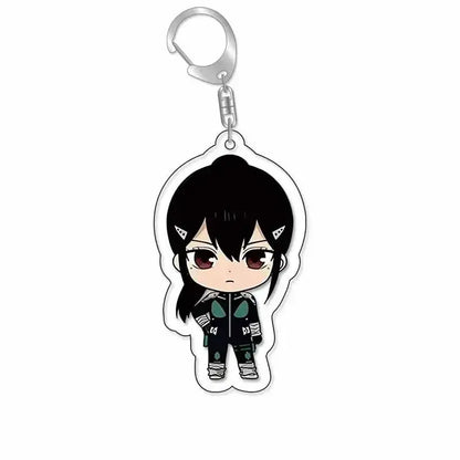 Black and green hibino reno acrylic keychain with silver clip used as a plastic bag tag from kaiju no 8