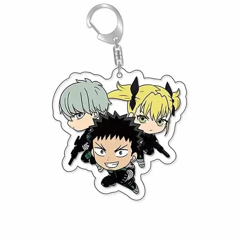 Clear acrylic hibino reno keychain featuring three chibi anime characters used as a plastic bag tag
