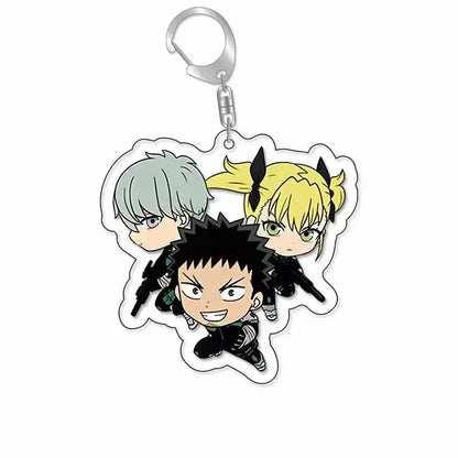 Clear acrylic hibino reno keychain featuring three chibi anime characters used as a plastic bag tag