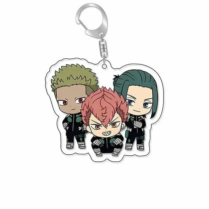Chibi-style hibino reno acrylic keychain featuring three anime characters with green red and dark teal hair in black uniforms