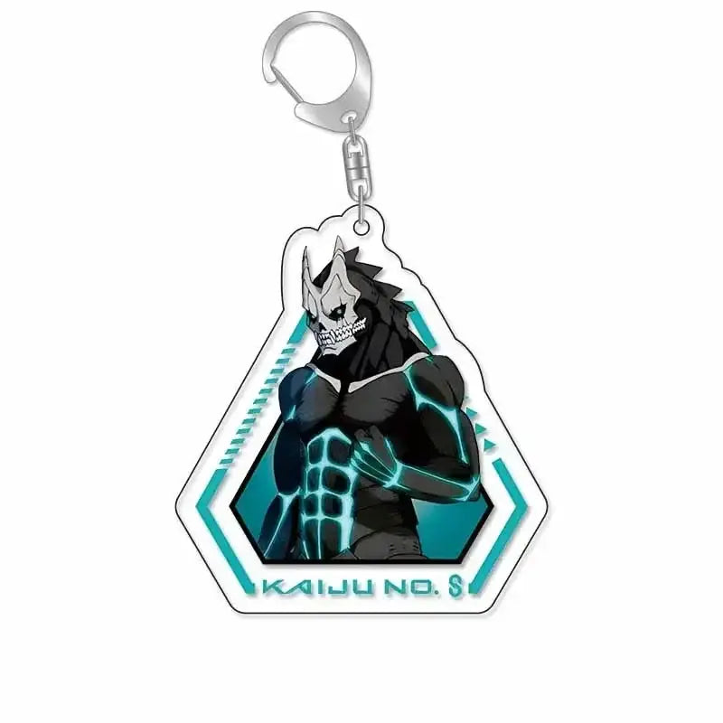 A hexagonal hibino reno acrylic keychain with black and teal anime character and glowing blue lines labeled kaiju no 8