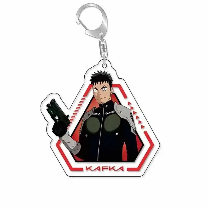 Silver hibino reno acrylic keychain featuring a black and gray anime character with red geometric borders for plastic bag tag