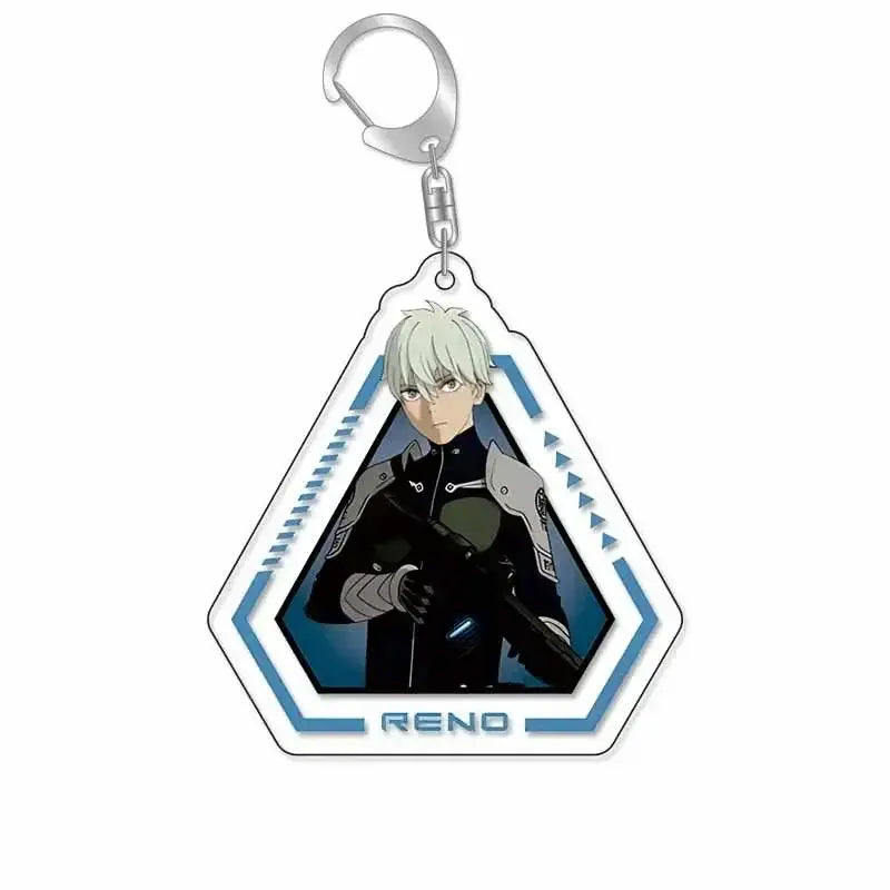A hexagonal hibino reno acrylic keychain featuring a white-haired anime character in a black tactical outfit with blue patterns