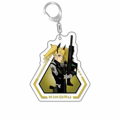 Hexagonal hibino reno acrylic keychain with blonde anime character in black tactical gear holding rifle for plastic bag tag