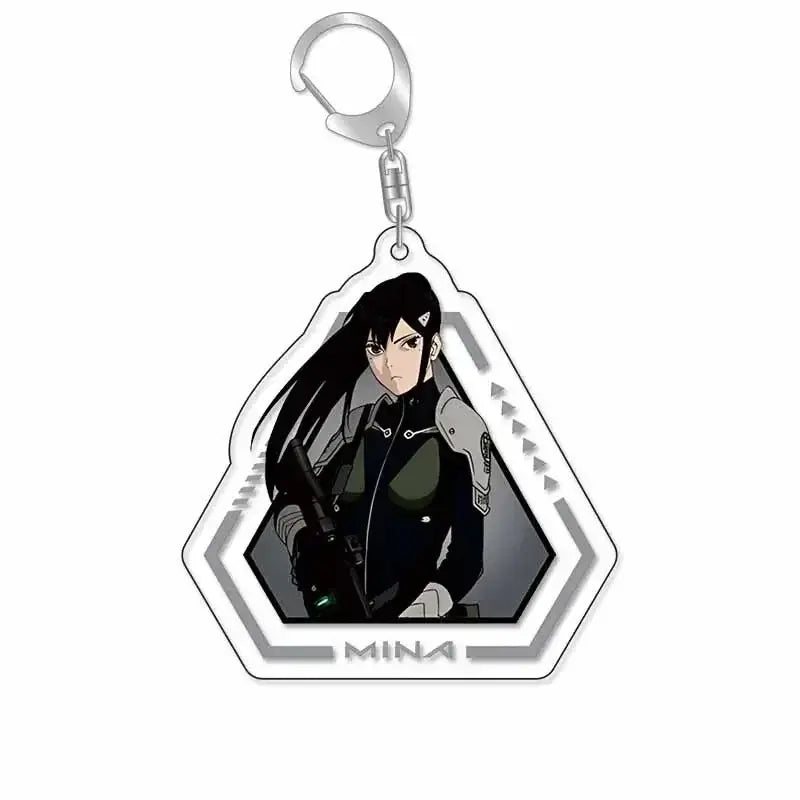 Hexagonal hibino reno acrylic keychain with long black hair anime character in dark uniform and silver geometric borders