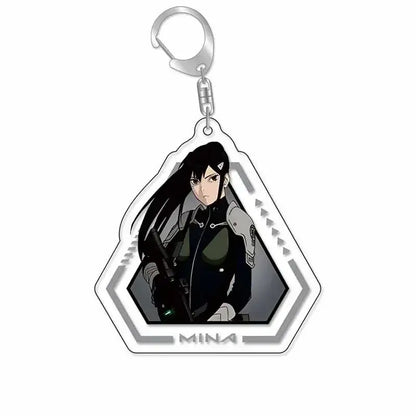 Hexagonal hibino reno acrylic keychain with long black hair anime character in dark uniform and silver geometric borders