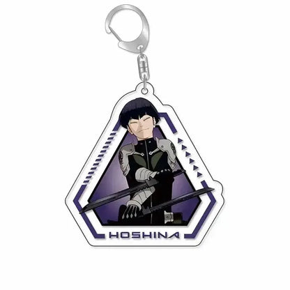 A triangular hibino reno acrylic keychain featuring black hair anime character in dark armor holding swords on purple background