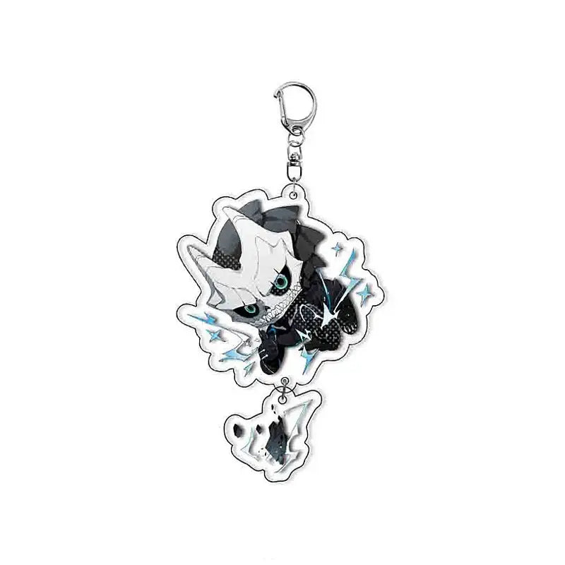 Black and white hibino reno acrylic keychain with glowing green eyes and lightning bolt accents on silver clasp