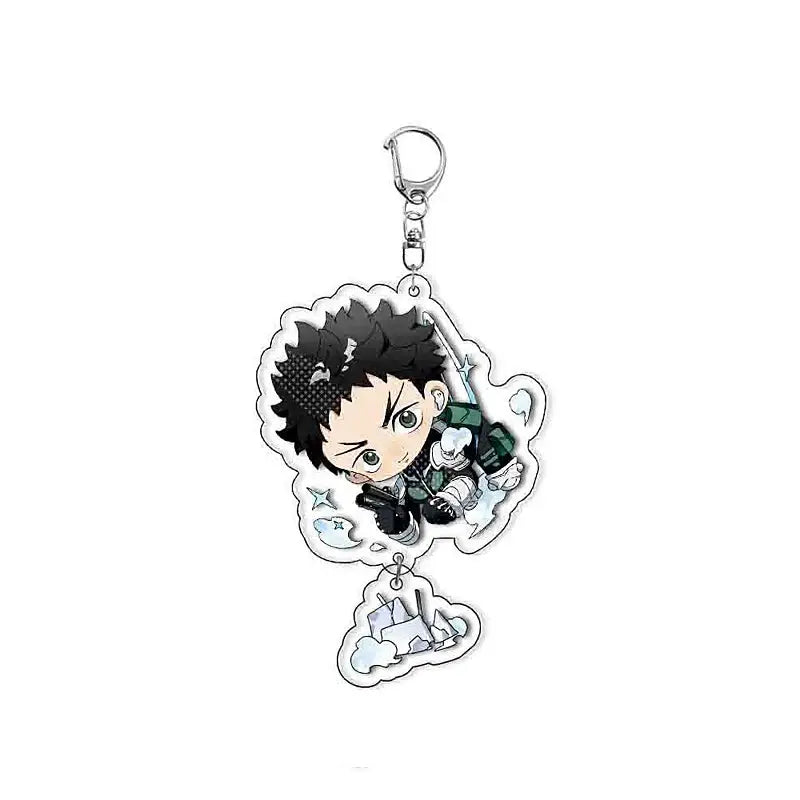 Black-haired hibino reno acrylic keychain with green and black outfit and silver clasp for plastic bag tag use