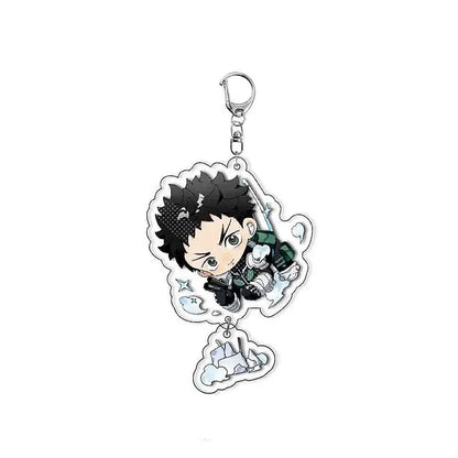 Black-haired hibino reno acrylic keychain with green and black outfit and silver clasp for plastic bag tag use