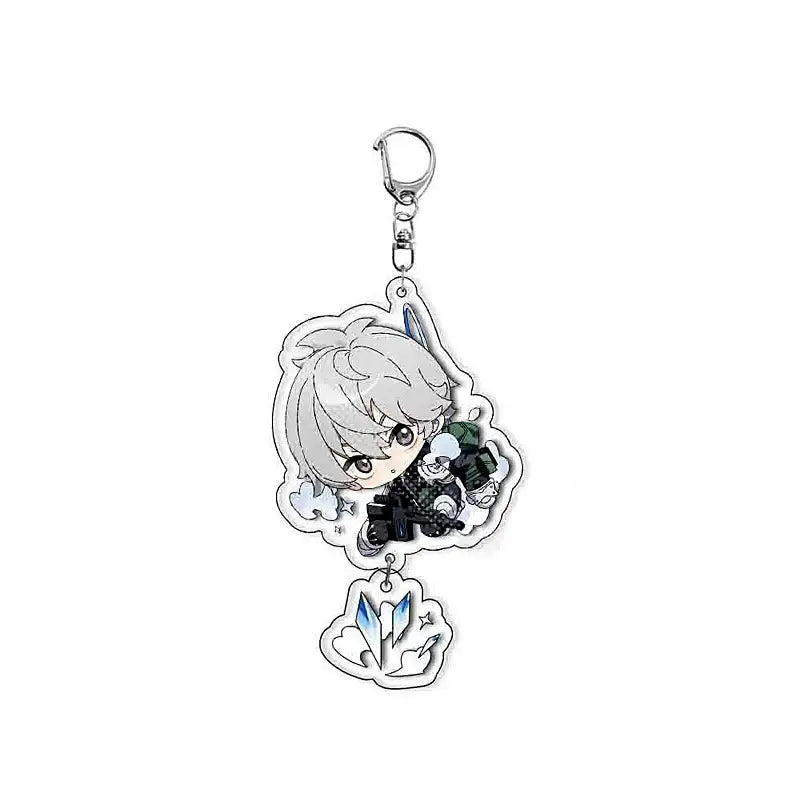 Silver hibino reno acrylic keychain featuring chibi character with gray hair in black tactical gear hanging below cloud charm