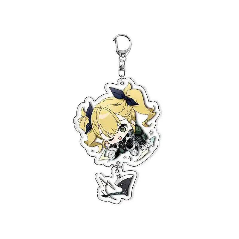 Translucent hibino reno acrylic keychain featuring chibi blonde anime character with dark blue bows and shark charm in plastic bag tag