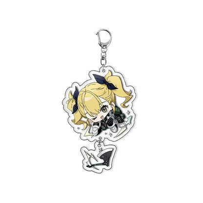 Translucent hibino reno acrylic keychain featuring chibi blonde anime character with dark blue bows and shark charm in plastic bag tag