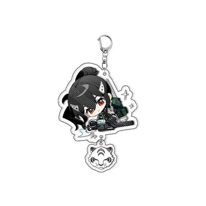 Black and white hibino reno acrylic keychain with chibi anime character and tiger head charm for plastic bag tag