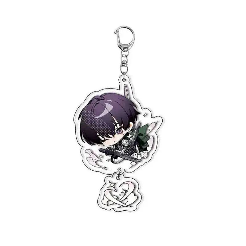 Translucent hibino reno acrylic keychain featuring chibi anime character in black armor holding sword with silver clasp