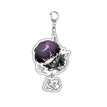Translucent hibino reno acrylic keychain featuring chibi anime character in black armor holding sword with silver clasp