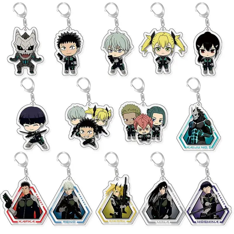 Set of hibino reno acrylic keychains featuring chibi figures in black tactical gear with silver clasps for bag tags