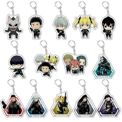 Set of hibino reno acrylic keychains featuring chibi figures in black tactical gear with silver clasps for bag tags