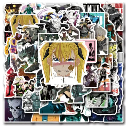 A kaiju no 8 hoshina kafka sticker pack featuring colorful vinyl decals of dynamic anime characters in various poses