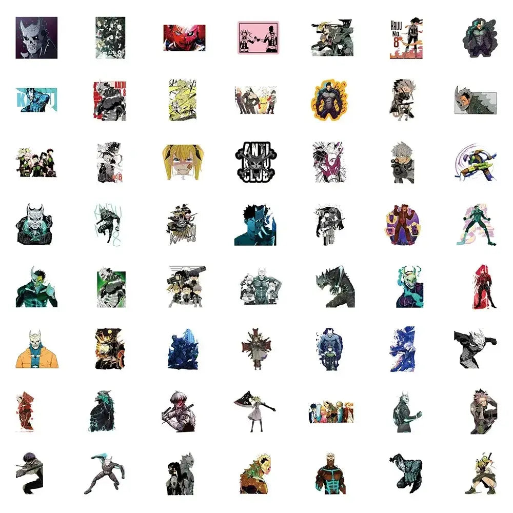 A kaiju no 8 hoshina kafka sticker pack featuring vibrant vinyl decals with bold lines and distinct anime designs