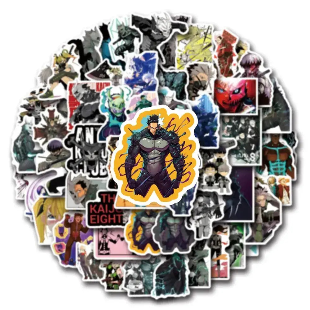 A vibrant kaiju no 8 hoshina kafka sticker pack featuring a yellow-bordered vinyl decal of a dark armored figure