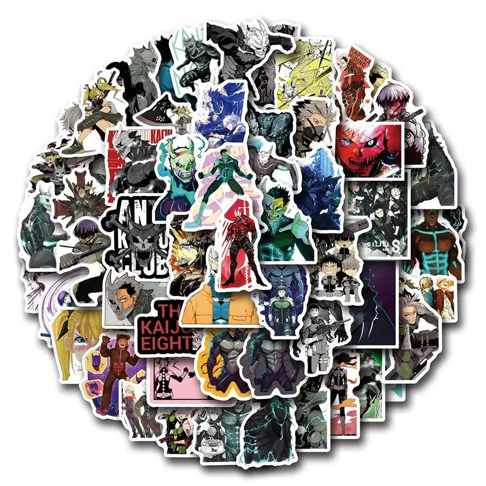 A vibrant kaiju no 8 hoshina kafka sticker pack featuring colorful vinyl decals with diverse anime character designs