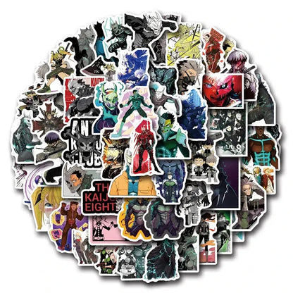 A vibrant kaiju no 8 hoshina kafka sticker pack featuring colorful vinyl decals with diverse anime character designs