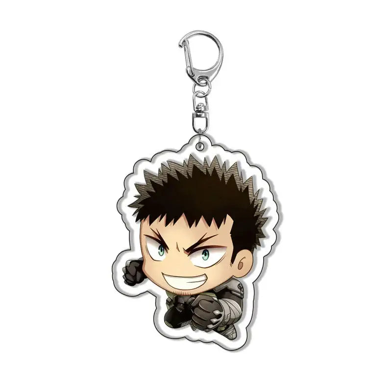 Kaiju no 8 kafka acrylic pendant keychain featuring chibi character with spiky black hair in dark gray armor