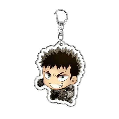 Kaiju no 8 kafka acrylic pendant keychain featuring chibi character with spiky black hair in dark gray armor