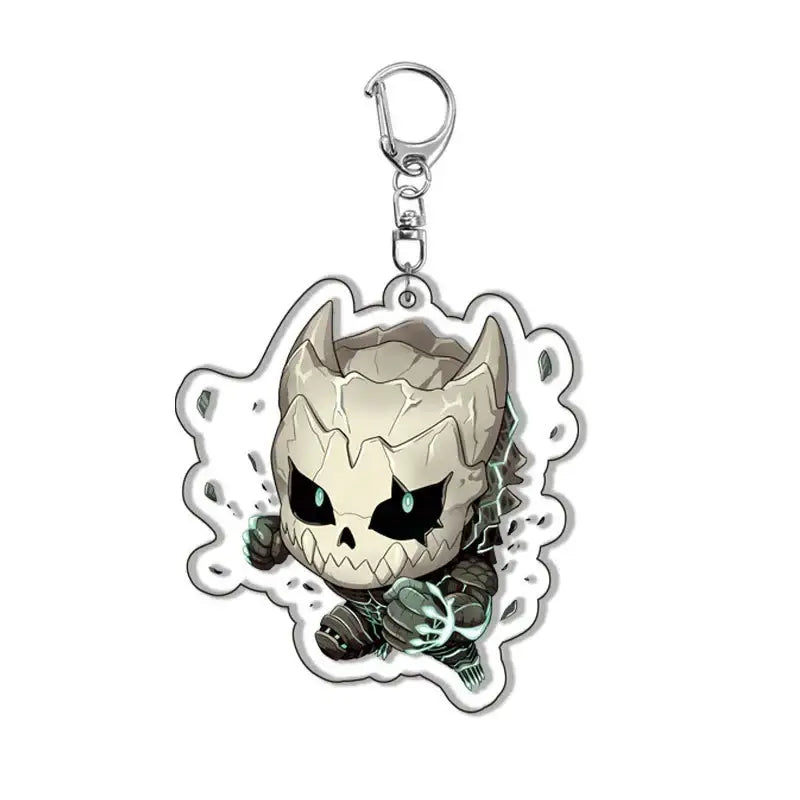Kaiju no 8 kafka acrylic pendant keychain with chibi skull character glowing teal eyes and green energy effects bag charm