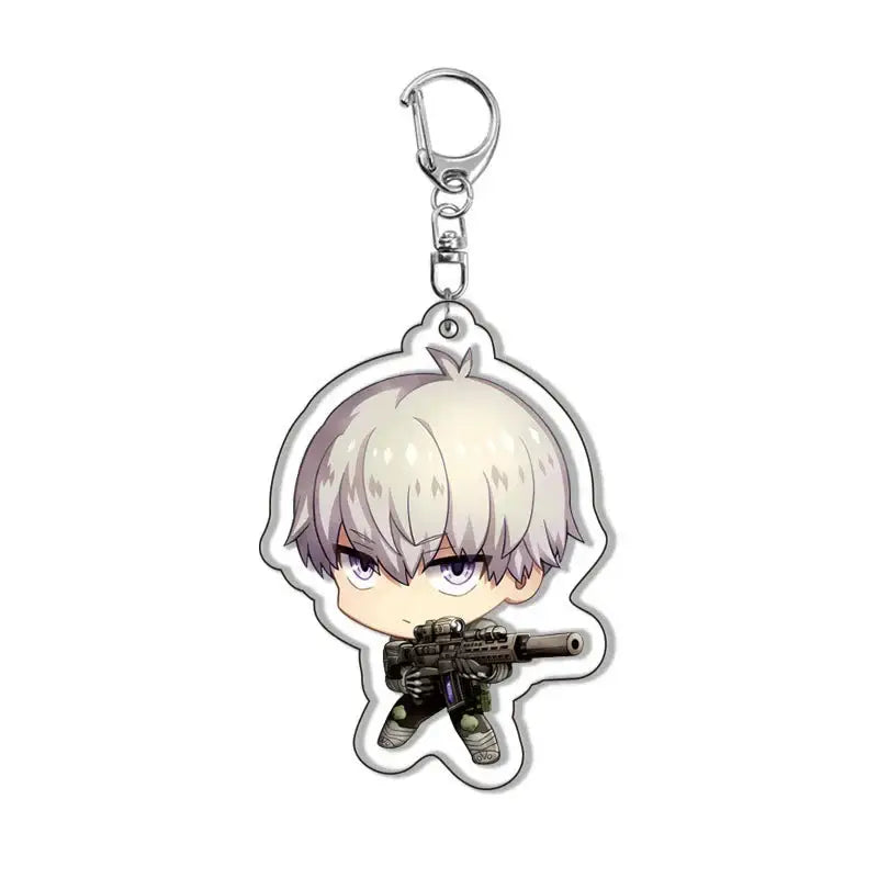 Silver acrylic pendant keychain featuring chibi kafka with white hair and purple eyes holding a detailed rifle
