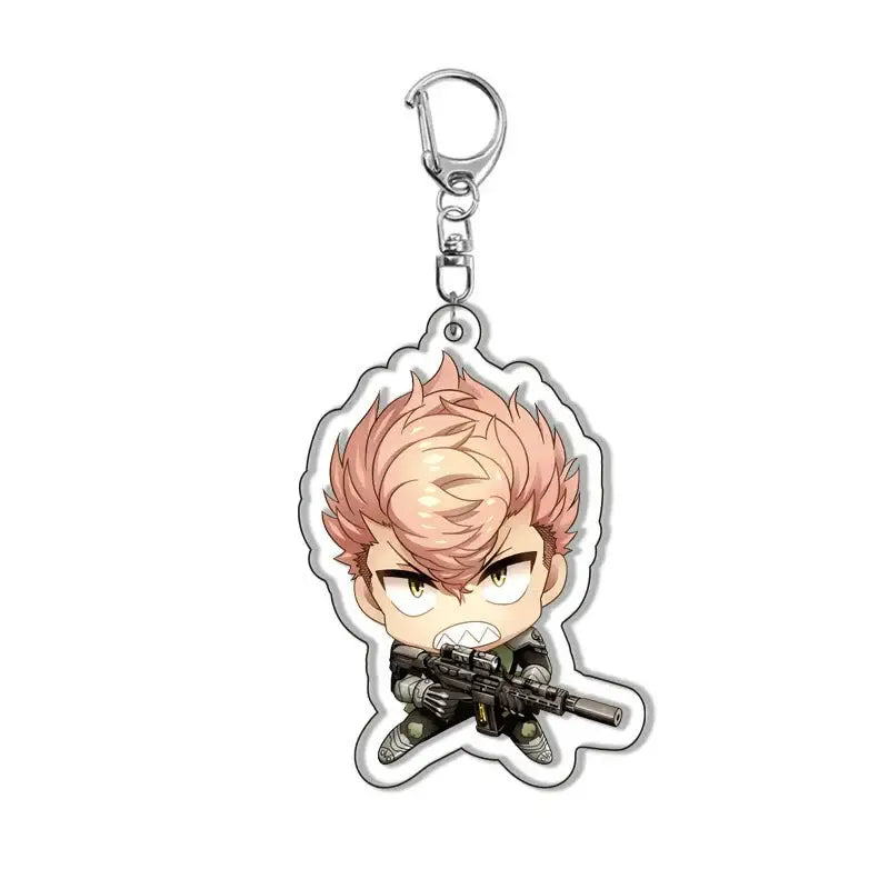 Pink-haired kafka acrylic pendant keychain with black rifle design and silver metal clip for bag charm use
