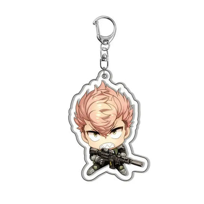 Pink-haired kafka acrylic pendant keychain with black rifle design and silver metal clip for bag charm use