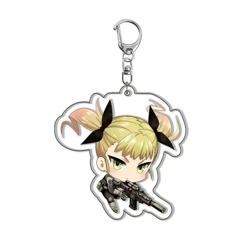 Chibi-style blonde anime character with green eyes and rifle on kafka acrylic pendant keychain bag charm
